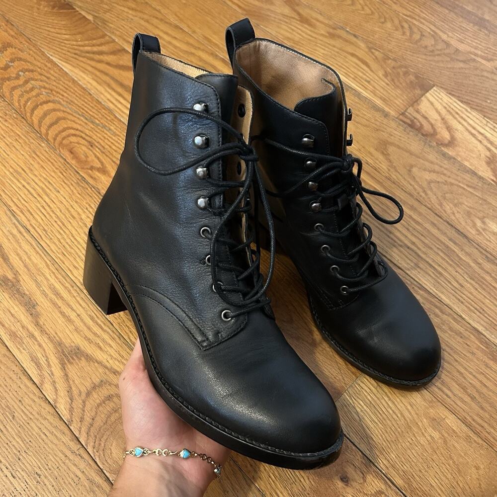 Madewell Patti Lace Up Black Leather Heeled Combat Boots Size 9